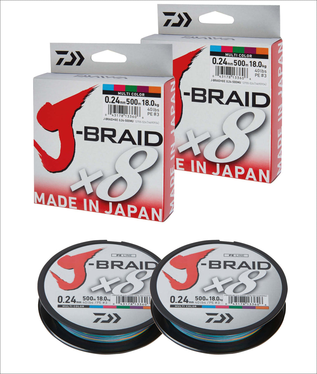 Daiwa 2 STK J-Braid 8 Braid 0.18mm, 12,0kg/26,5lbs, 300m Multicolour (Doppelpack)