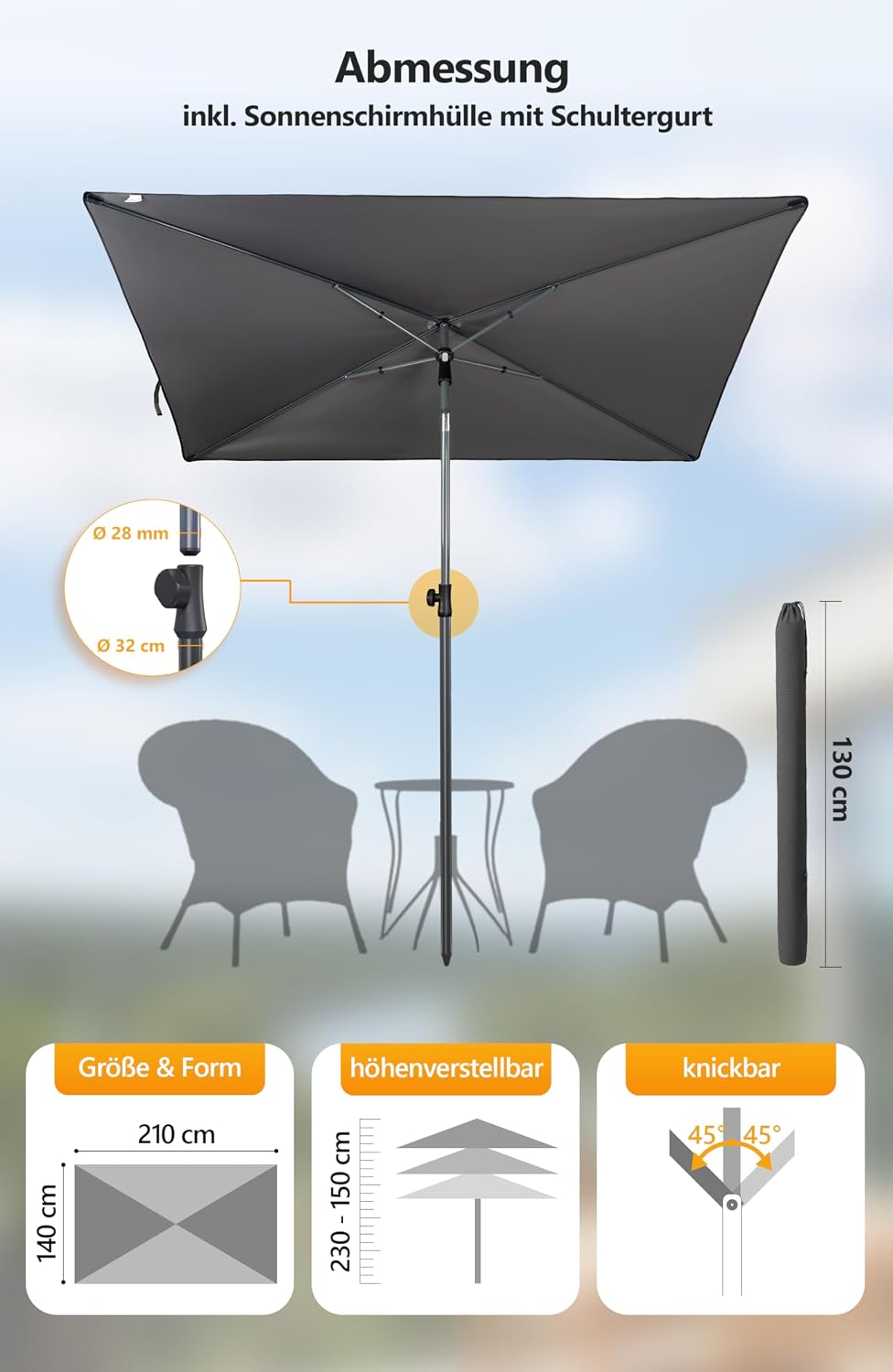 4smile Sonnenschirm Balkon im Set – Sonnenschirm rechteckig 210×140 cm, UV 50+ Sonnenschutz Balkon,