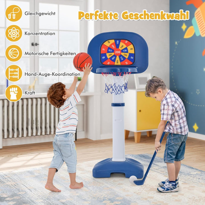 COSTWAY 4 in 1 Kinder Basketballkorb Set, Basketballständer 100-140cm höhenverstellbar & Ringwurf &