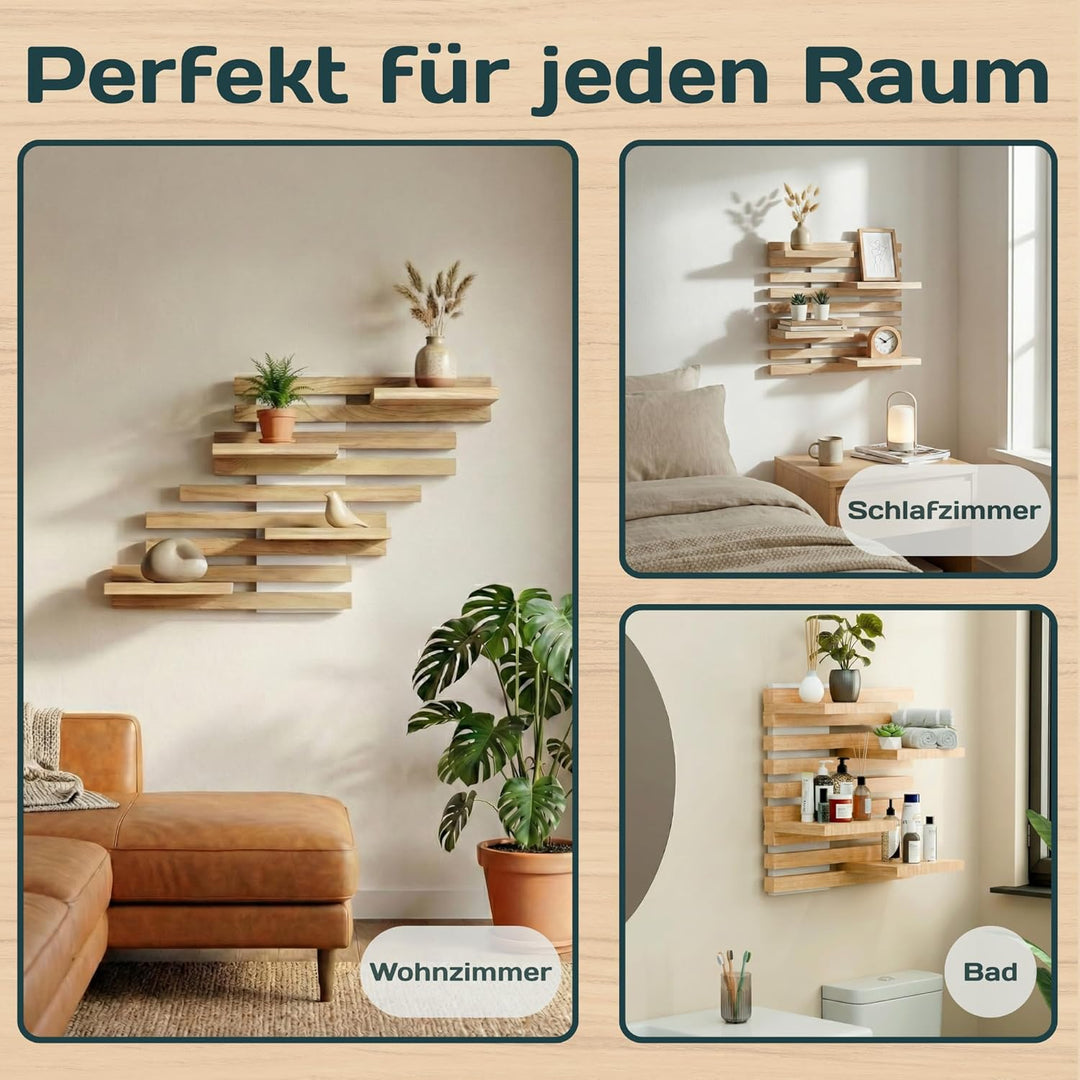Wandregal Holz Hängend - Modulares Bücherregal Set aus Massivholz - Schwebendes Regalbrett für Wohnz
