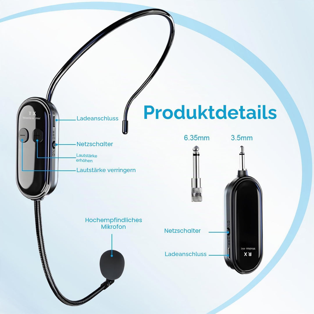 UHF Wireless Mikrofon Headset, 2.4G Kabelloses Mikrofon Funkmikrofon Head Mounted mit 165Fuss, Wiede