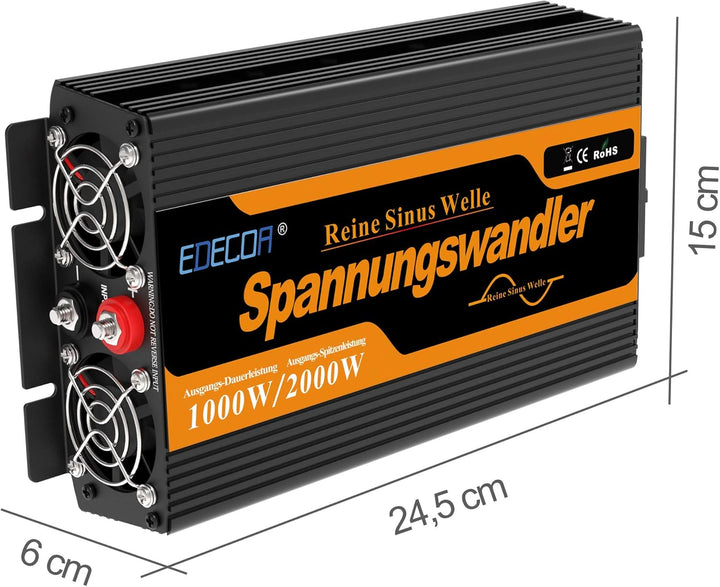 EDECOA Wechselrichter Reiner Sinus 12v 230v Spannungswandler 1000w 2X USB und Fernbedienung Auto wec