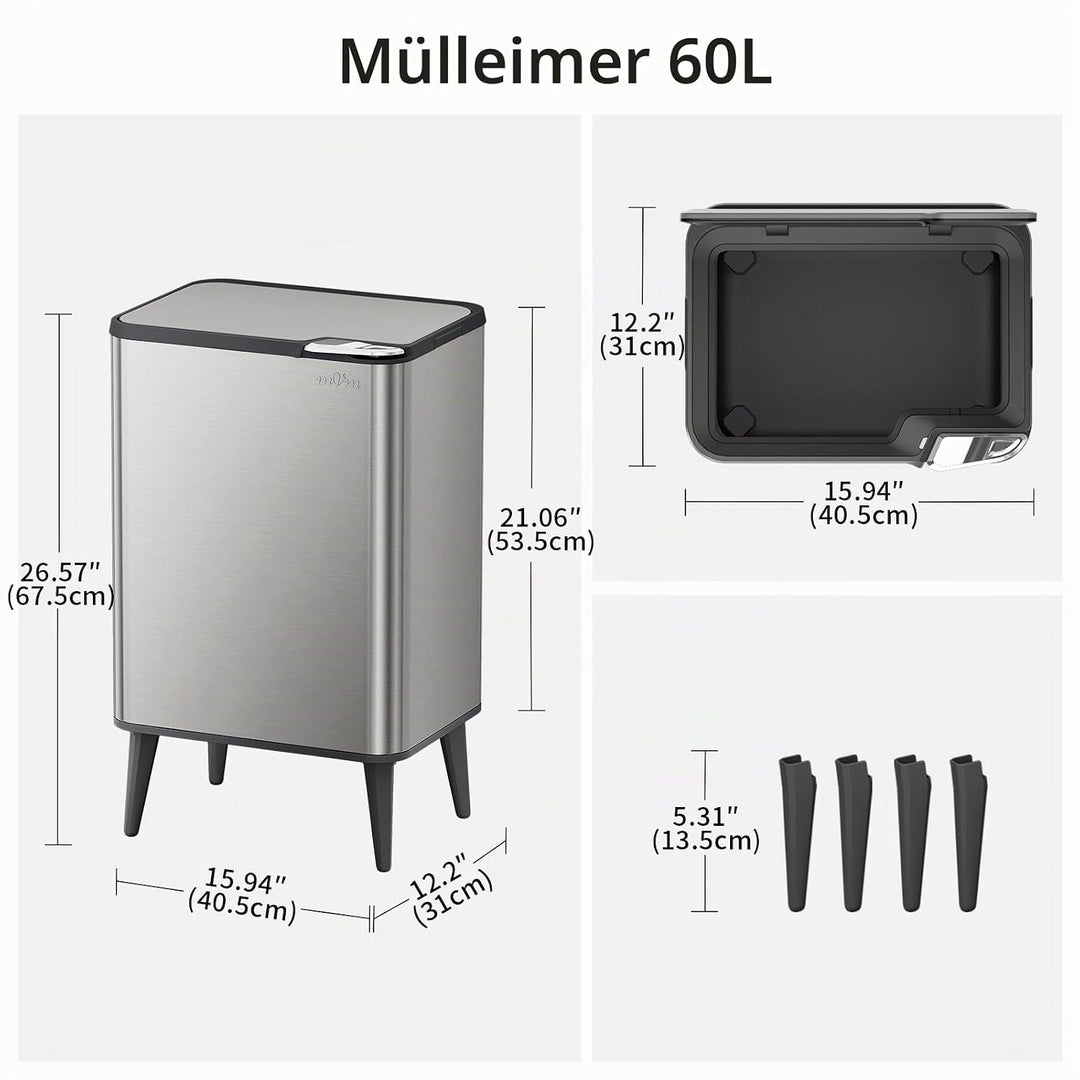 mVm Küchen &amp; Büromülleimer 60L, Edelstahl, Rechteckig, Mit Deckel &amp; Geruchsfilter, Sanftschliessend