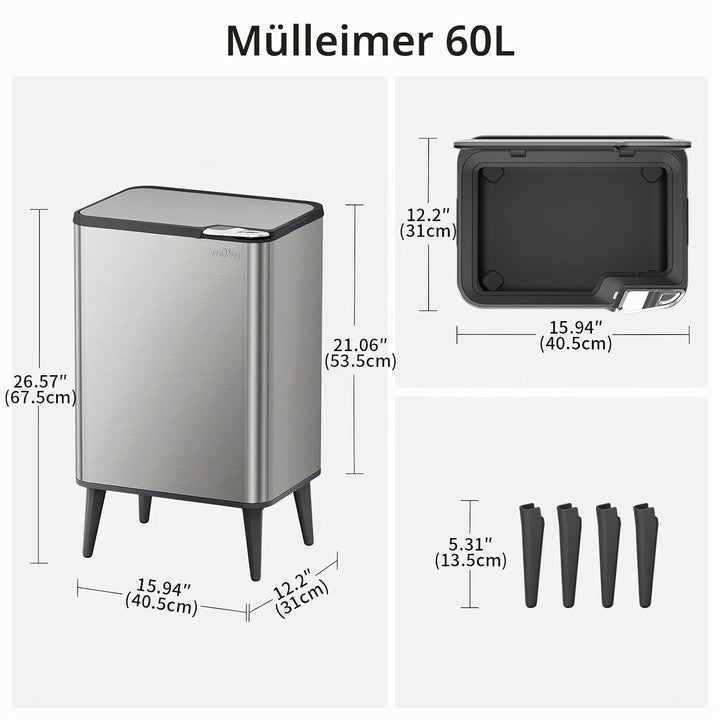 mVm Küchen &amp; Büromülleimer 60L, Edelstahl, Rechteckig, Mit Deckel &amp; Geruchsfilter, Sanftschliessend
