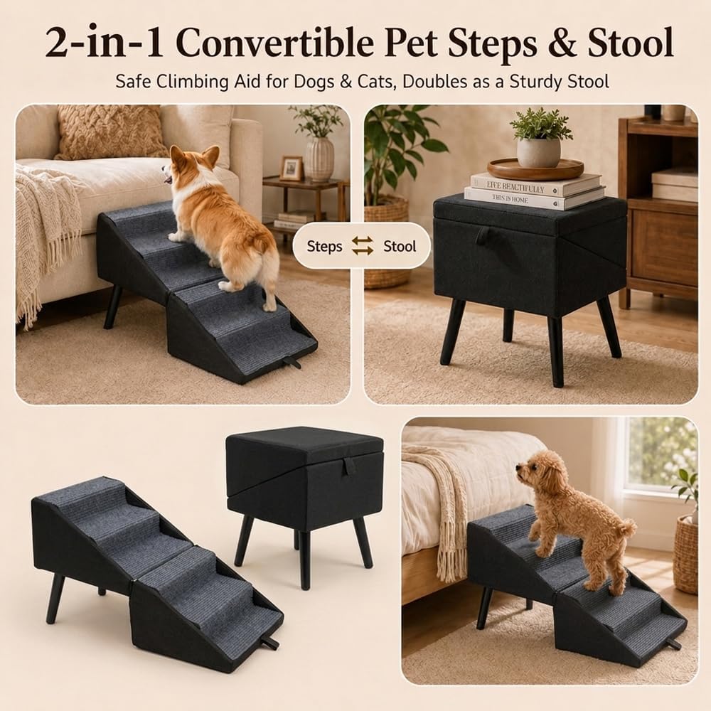 Klappbare Hundetreppe für kleine Hunde – 2-in-1-Treppe und Hocker – rutschfeste Holzstufen für das S