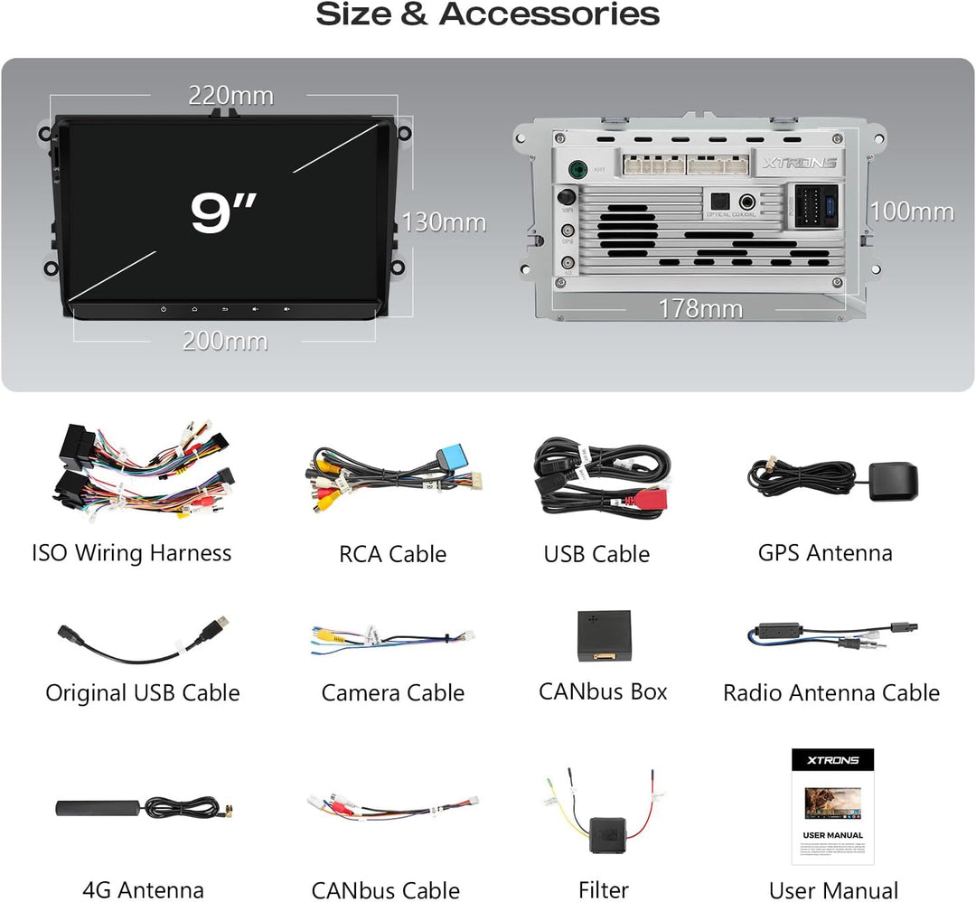 XTRONS Android 14 Autoradio Octa Core 8+128GB für VW Škoda SEAT 9-Zoll-IPS-QLED-Bildschirm Integrier
