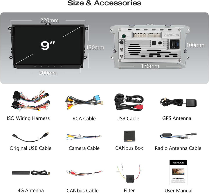 XTRONS Android 14 Autoradio Octa Core 8+128GB für VW Škoda SEAT 9-Zoll-IPS-QLED-Bildschirm Integrier