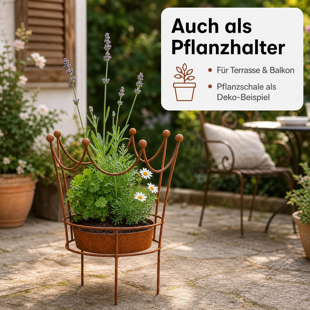 Edelrost Krone Staudenstütze, dekorative Pflanzenstütze aus Metall, nostalgisches Design, wetterfest