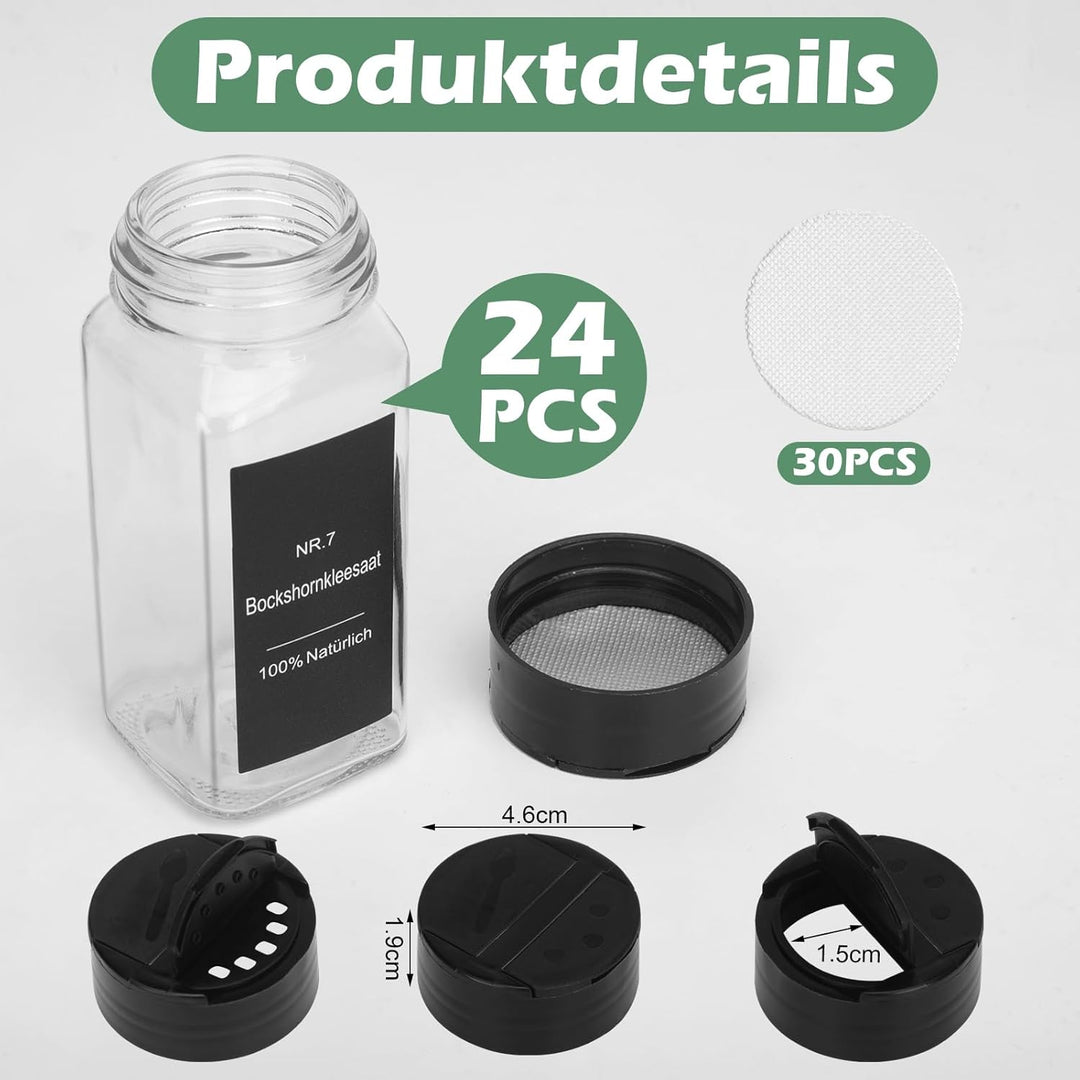 Withosent 24er Gewürzgläser Doppelkopf Schwarz Deckel, 120ml Gewürzdosen Glas Gewürzstreuer mit 144