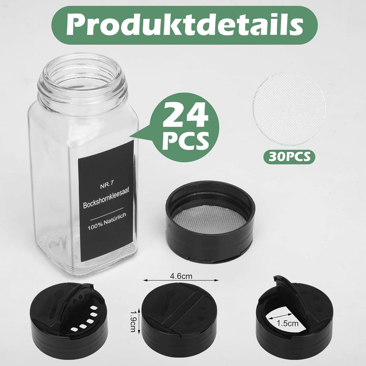 Withosent 24er Gewürzgläser Doppelkopf Schwarz Deckel, 120ml Gewürzdosen Glas Gewürzstreuer mit 144