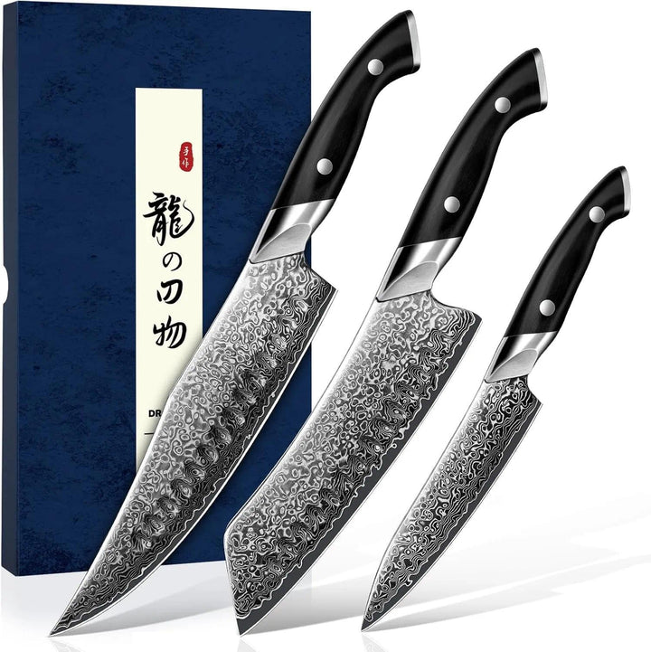 DRAGON RIOT Damastmesser-Set, 3-teilig Japanisches Damast-Küchenmesser-Set, Ultrascharfes Kochmesser