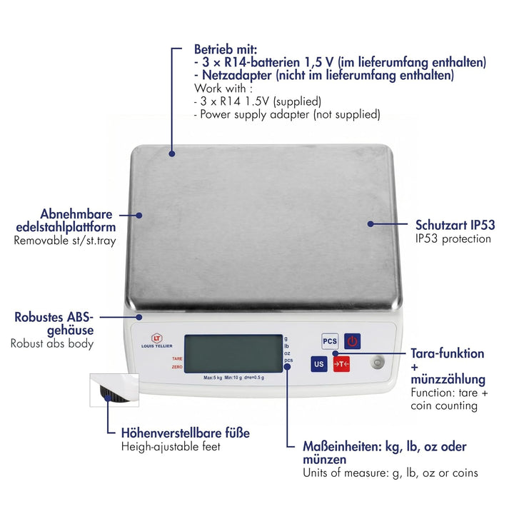 LOUIS TELLIER, Professionelle Elektronische Waage, 5 kg, IP53, Genauigkeit 0,5 g, Abnehmbare Waagsch