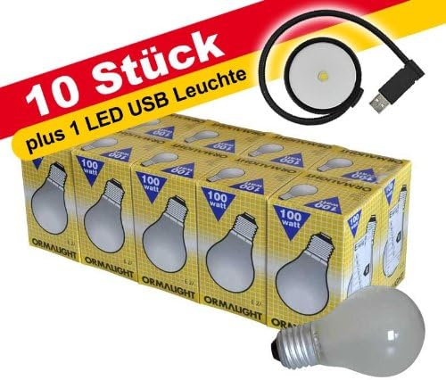 10x AGL Standard Glühlampe 100W in matt E27 + 1x LAPTOP LED Leselicht mit USB Stecker