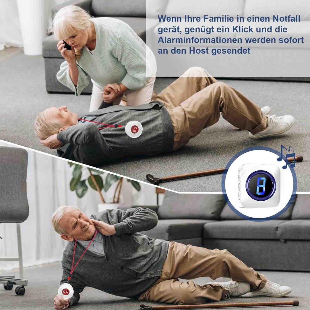 Notrufknopf für Senioren Wasserdicht Panikalarm Caregiver Pager SOS Hausnotruf, Funkklingel 300m Rei