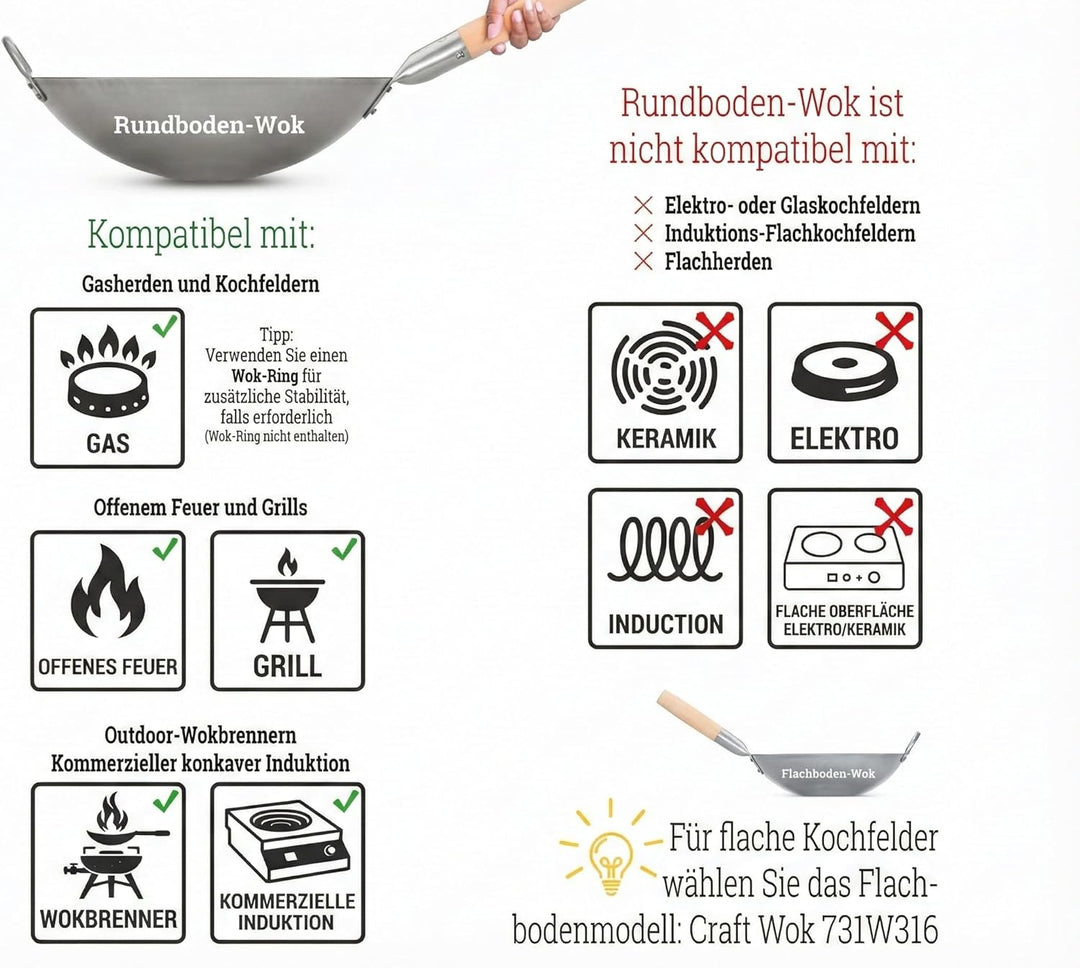 Craft Wok Traditioneller handgehämmerter Wok aus Karbonstahl mit Griff aus Holz und Stahl (Durchmess