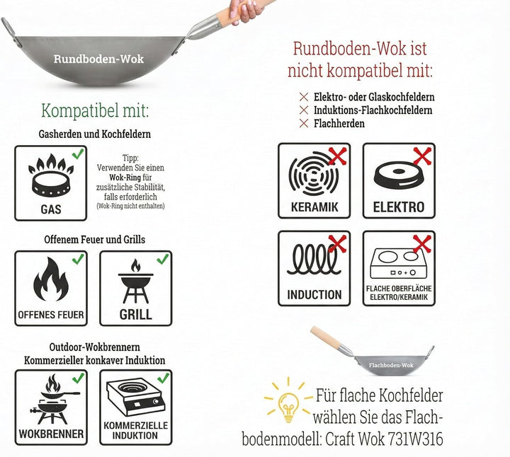 Craft Wok Traditioneller handgehämmerter Wok aus Karbonstahl mit Griff aus Holz und Stahl (Durchmess