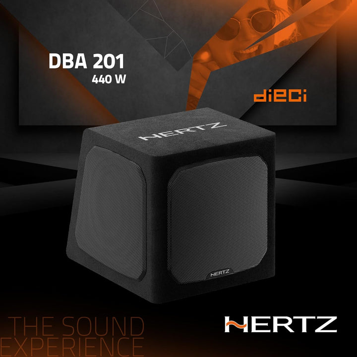 Hertz DBA 201 – 200-mm Aktiv-Subwoofer in Bassreflex-Gehäuse, 440W Peak, Class-AB-Verstärker mit LP-