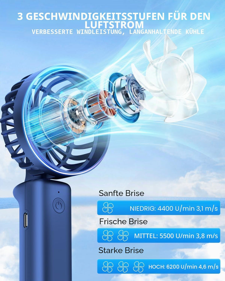Tragbarer Handventilator, Mini-Schreibtischventilator, faltbar, 2000 mAh, 180 ° Ratotion, 3 Geschwin