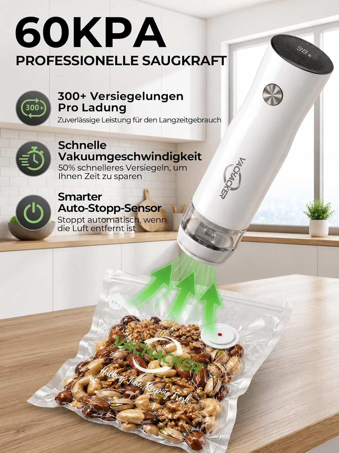 Vakuumiergerät für Lebensmittel, Vachacker Handliche Vakuumierer | Mini Vakuumiergerät mit 30 Wieder