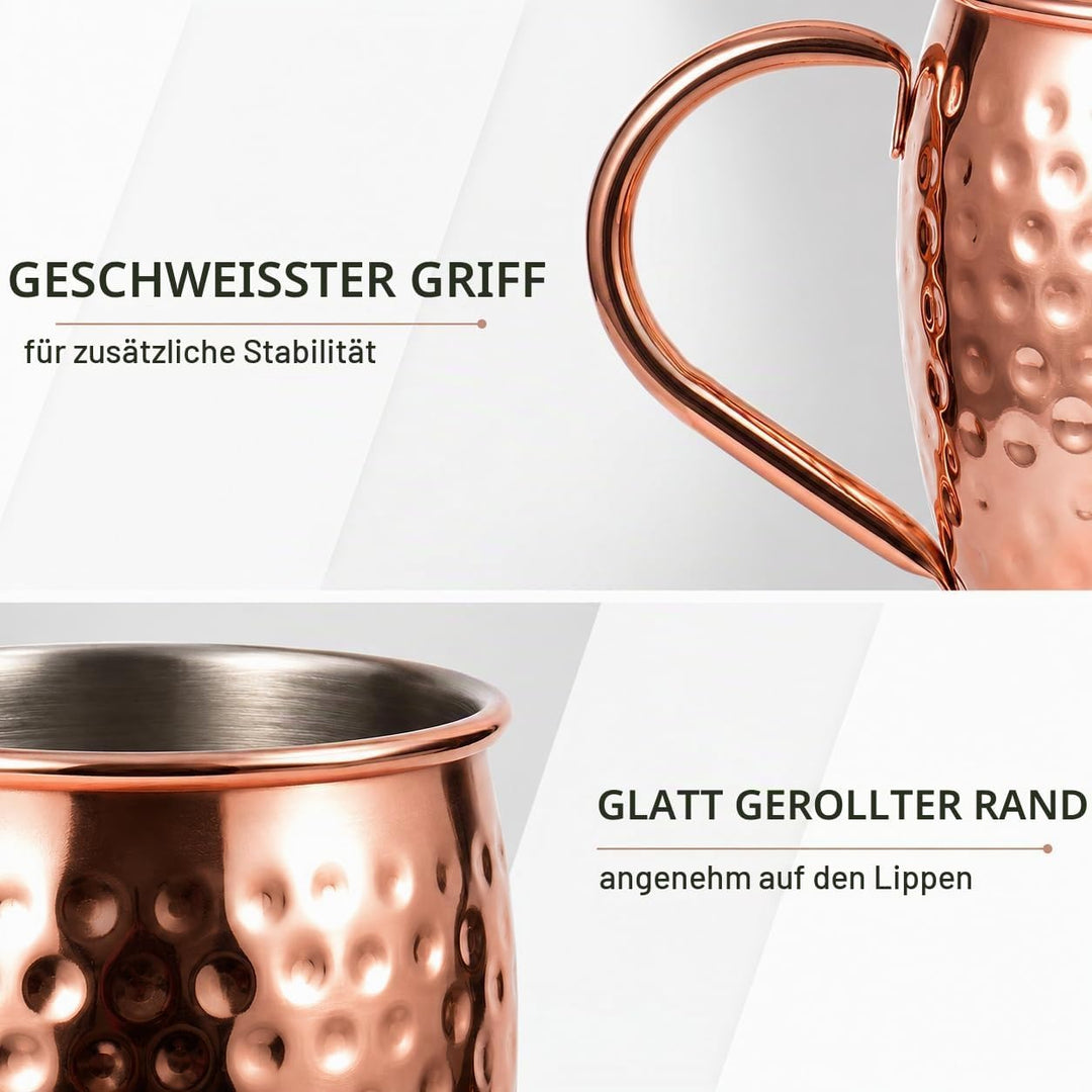 Eligara Moscow Mule Becher Kupferbecher Gehämmert und Handgefertigt Kupfertassen mit 4 Gläsern, 4 Un