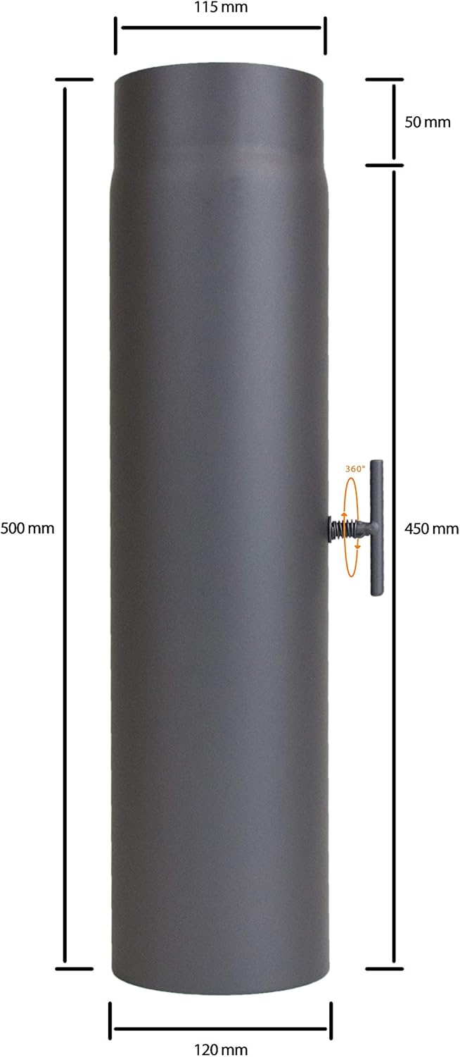 Ofenrohr 500 mm mit Drosselklappe, im Durchmesser, DN Ø 120 mm, Farbe: gussgrau - weitere Rohre aus