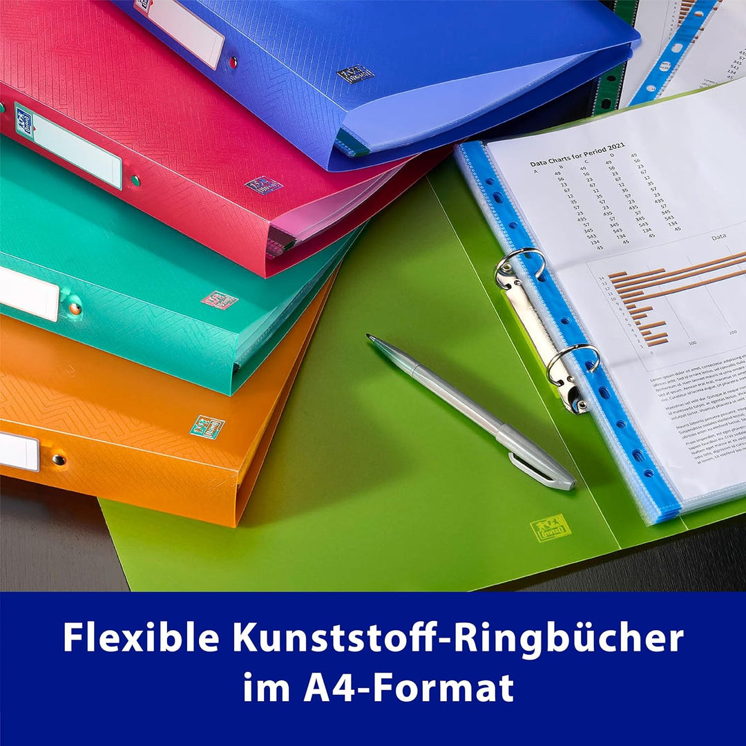 Oxford Ringbuch A4, Rückenbreite 2 cm, 2 Ringe, Kunststoff, 8 Farben, 10 Stück, 8 Farben