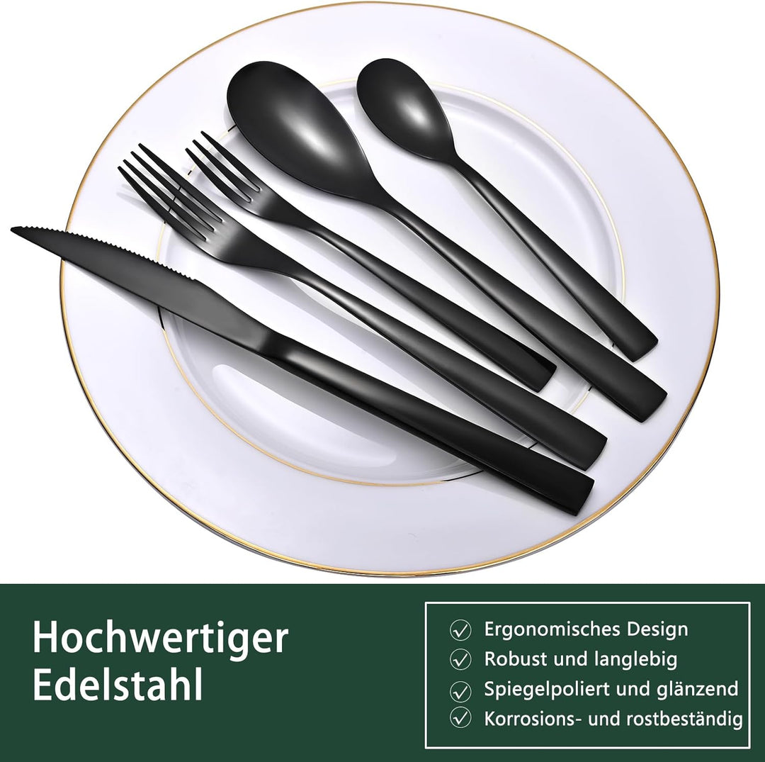 Otto Koning - Berlin - Besteck schwarz 4 Personen, Essbesteck Set 20 teilig, Titanium schwarz platti