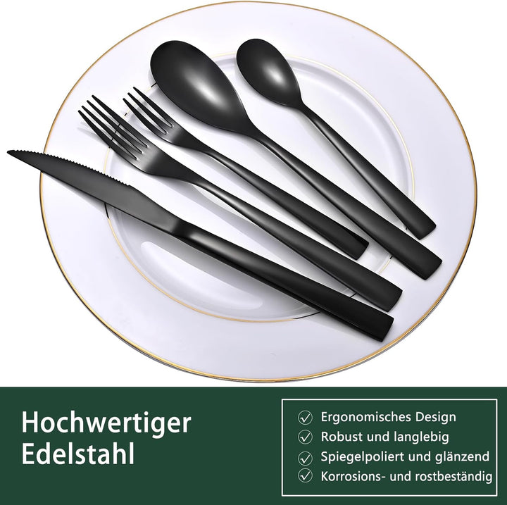 Otto Koning - Berlin - Besteck schwarz 4 Personen, Essbesteck Set 20 teilig, Titanium schwarz platti