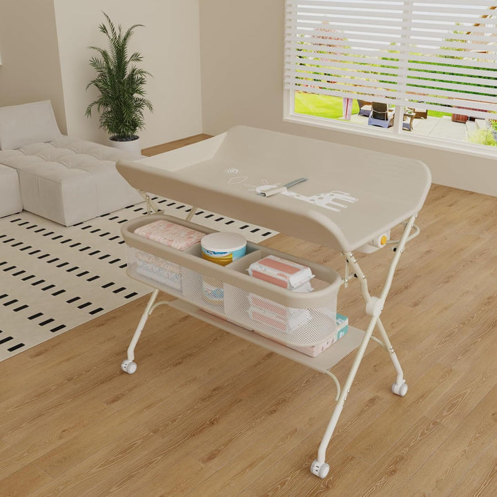 Klappbarer Wickeltisch Baby Höhenverstellbar – Mobile Wickelkommode mit Ablagekörben, Sicherheitsgur