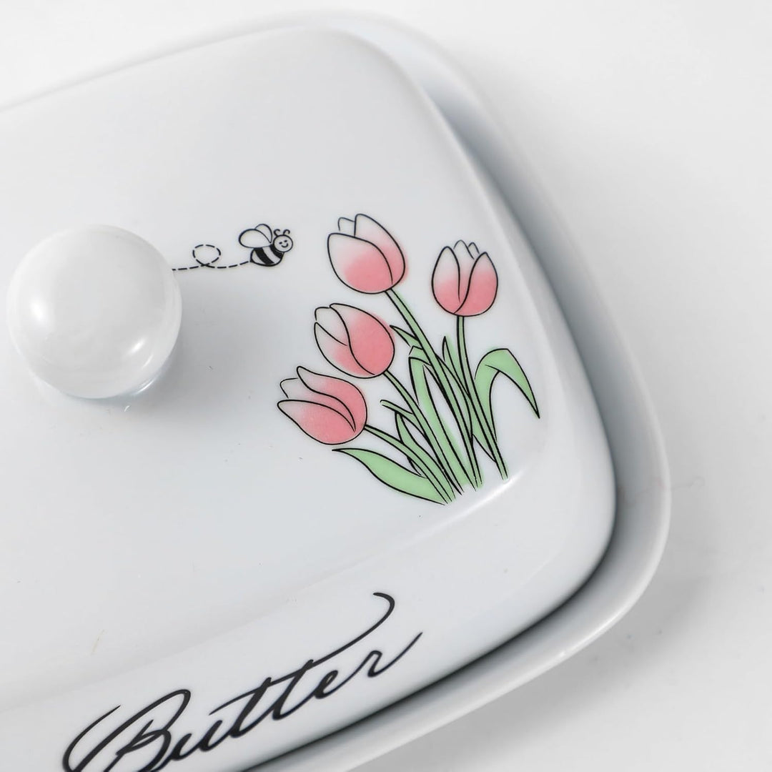 Butterdose mit Griff für 250g Butter, Hochwertige Keramik, Weiss mit Blumen Bienen Muster, Porzellan