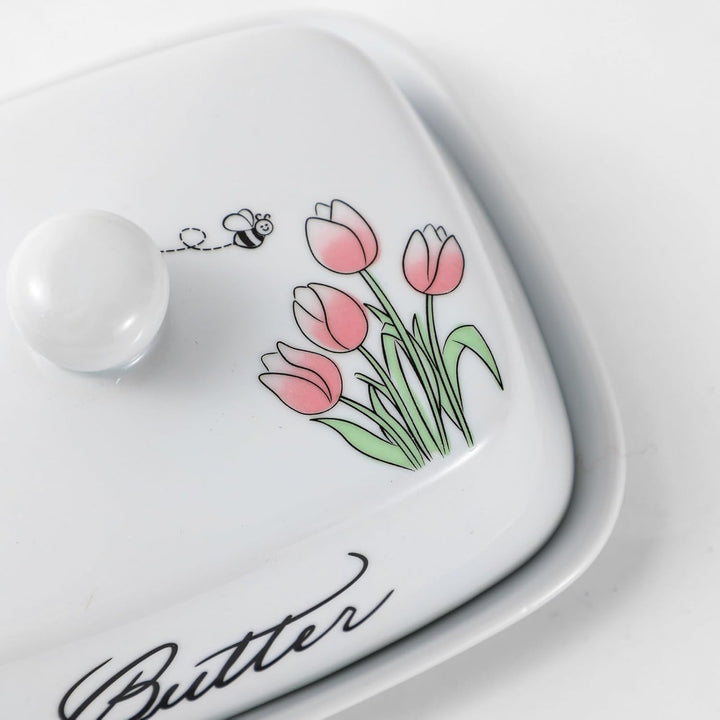 Butterdose mit Griff für 250g Butter, Hochwertige Keramik, Weiss mit Blumen Bienen Muster, Porzellan
