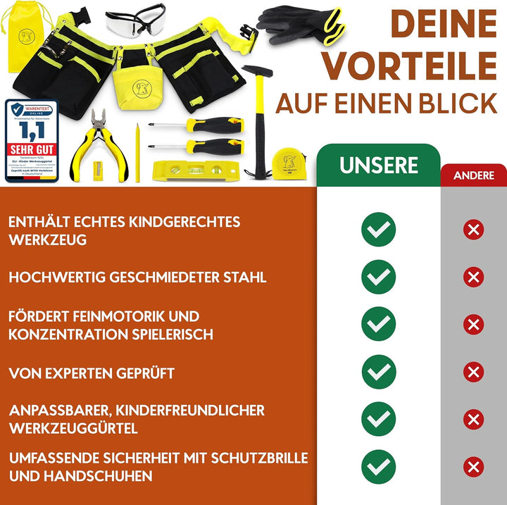 Eli® Werkzeuggürtel Kinder Set ab 6 Jahre - hochwertiges echtes Kinderwerkzeug - inkl. Hammer und Sc