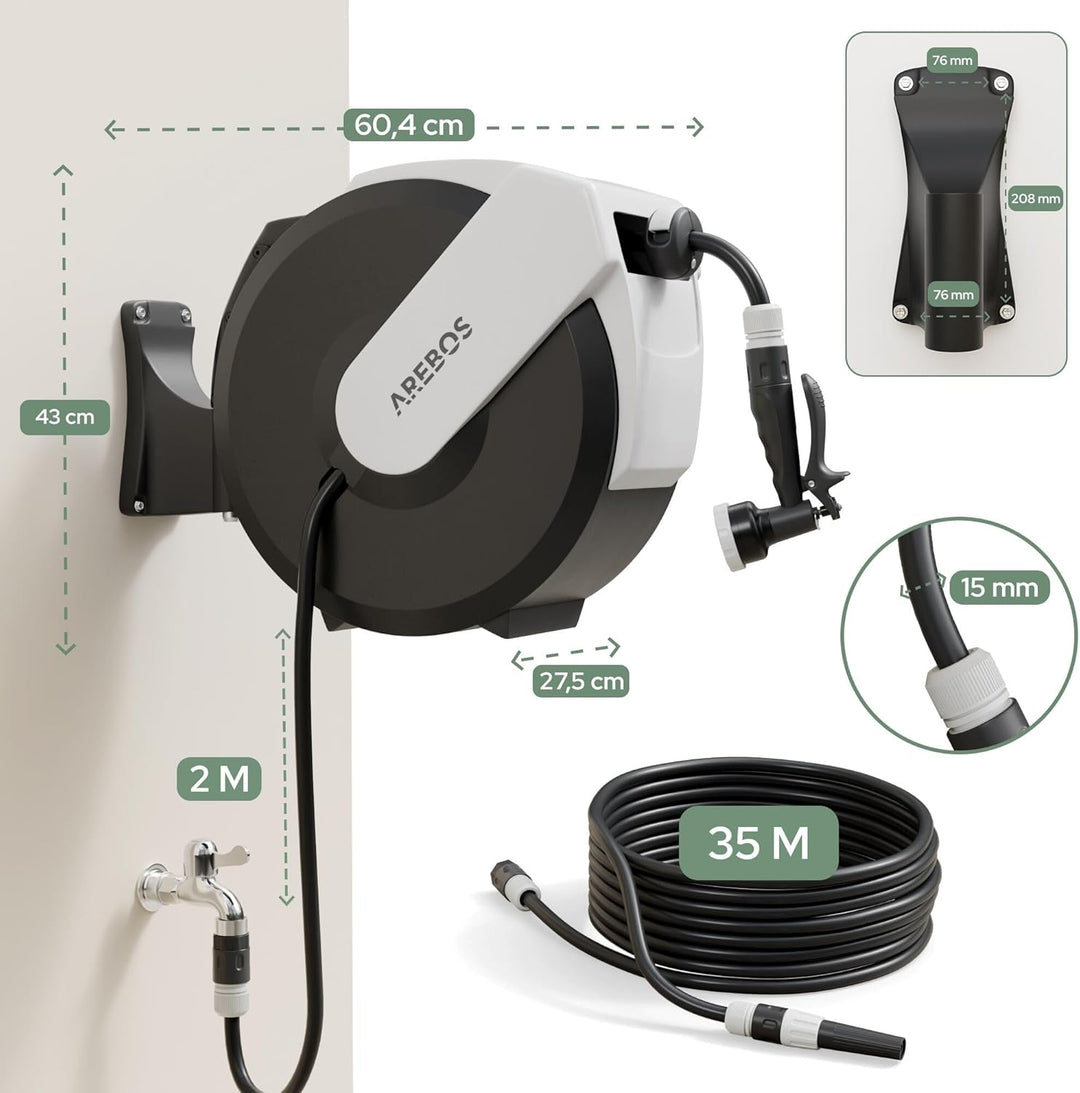 Arebos Schlauchtrommel Schlauchrolle Gartenschlauchaufroller 35 m | Wandschlauchbox automatisch | Wa