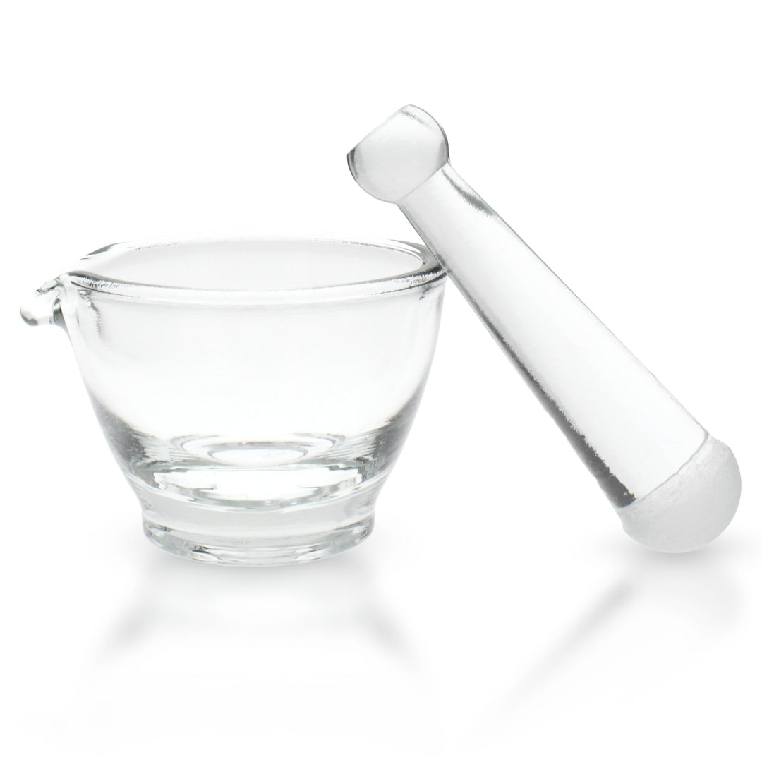 (Pistill) - Ø 80mm - glatte Oberfläche - mit Ausguss - Borosilikat-Laborglas 3.3 - stabil und robust