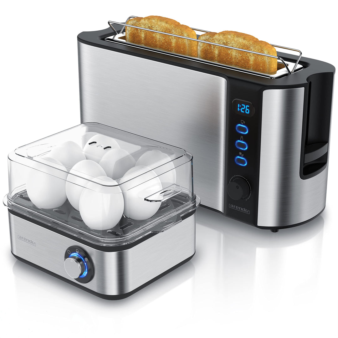 Arendo SET Toaster FRUKOST mit Eierkocher EIGHTCOOK Edelstahl Silber Toaster 2 Scheiben LED-Display