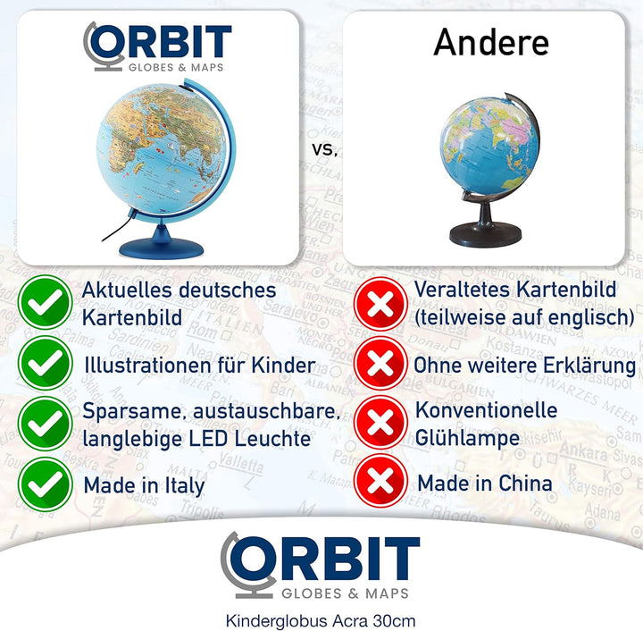 ORBIT GLOBES &amp; MAPS Kinderleuchtglobus 30cm mit Tieren, Kunststoff Fuss, deutsch mit stabilem Hartpl