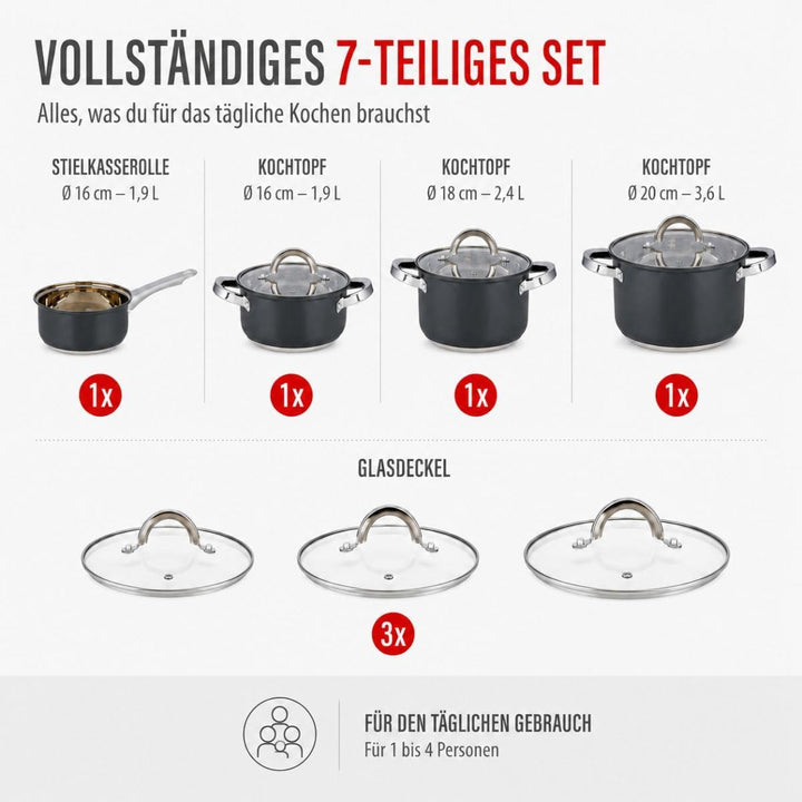 alpina Induktions-Topfset 4-teilig – Edelstahl Kochtöpfe mit Glasdeckel – Kochtopfset Geeignet für A