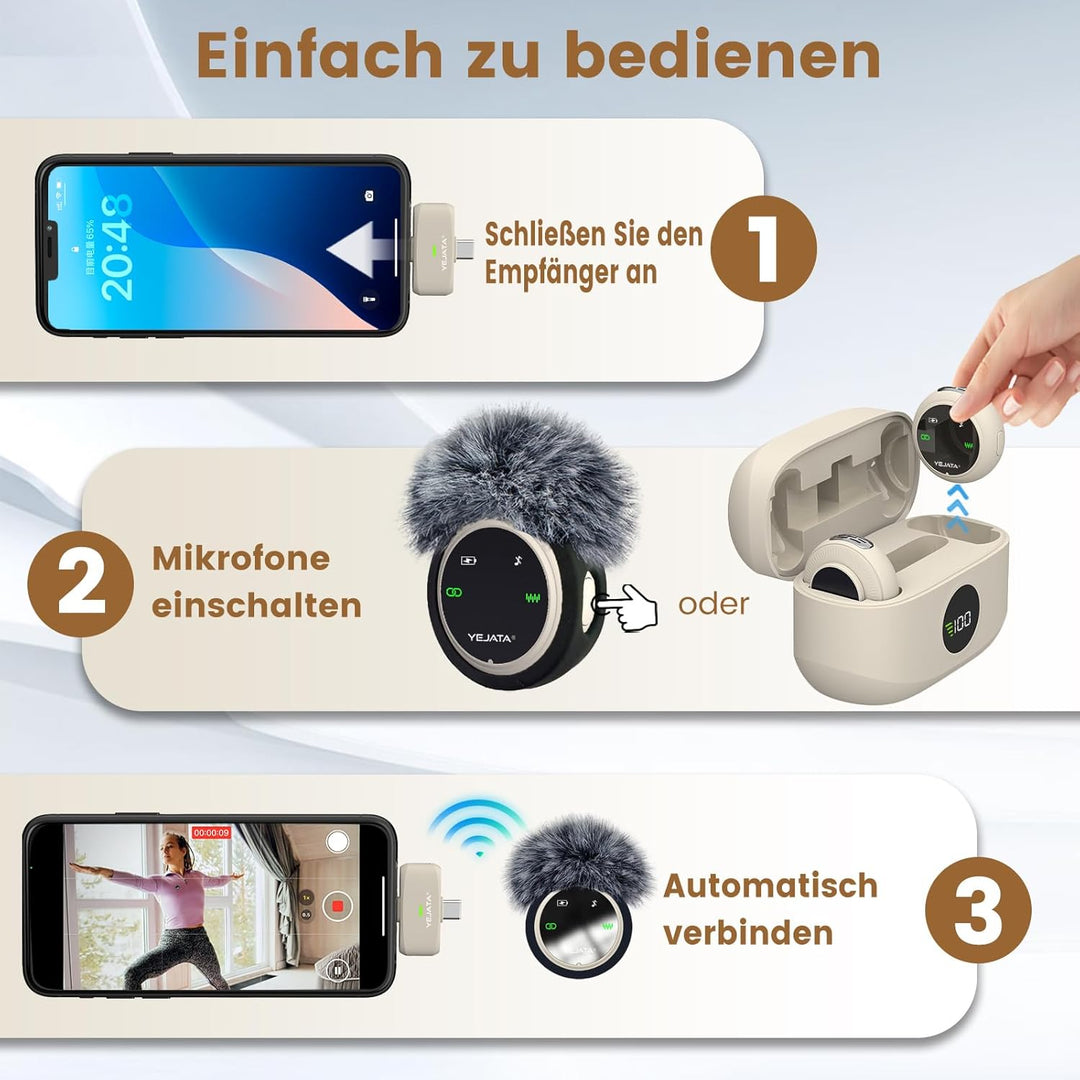 Dual-Interface-Funkmikrofon für iPhone und Android | 25 m Reichweite, 40-Stunden-Ladecase, DSP-Rausc