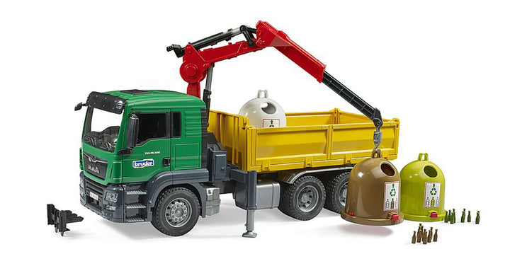 bruder 03753 - Man TGS Kran LKW mit 3 Altglascontainern & Flaschen - 1:16 Lastwagen Laster Kranwagen
