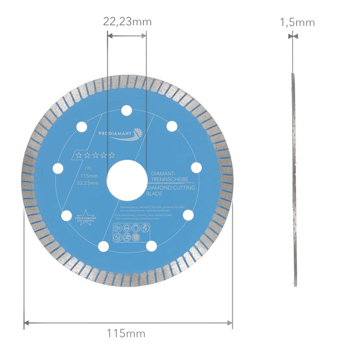 PRODIAMANT F33 Profi Diamant Trennscheibe ø 115mm für Natursteine Granit und Fliesen Bohrung 22,2mm