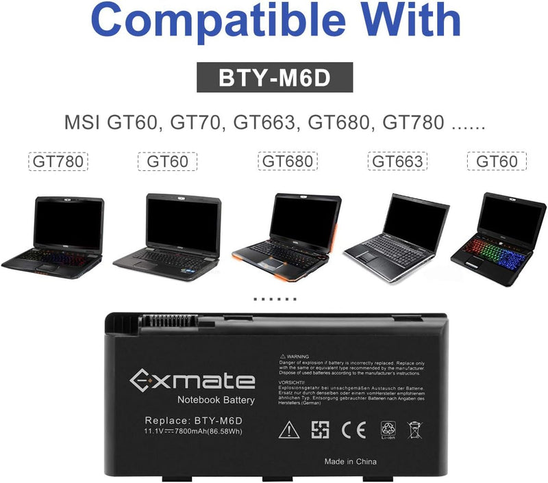 Exmate 7800mAh BTY-M6D Laptop-Akku für MSI GT60 GT70 2PE-890US GX60 GX70 MS-16F2 MS-16F4 E6603 GX660