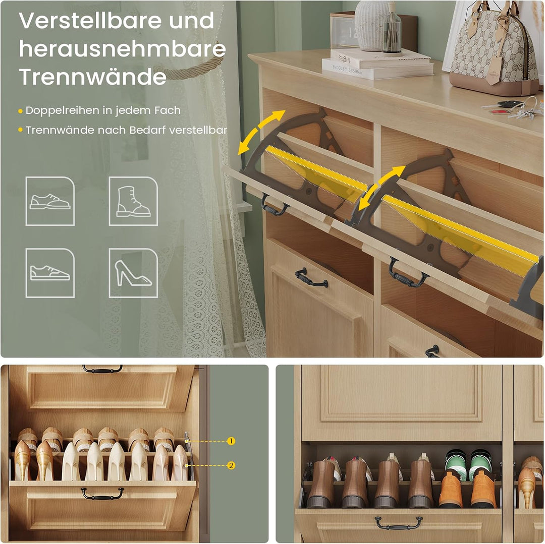 Schuhschrank Eiche Schuhkipper mit 4 Klappen, Schuhkommode Schuhregal mit Trennwände verstellbar und