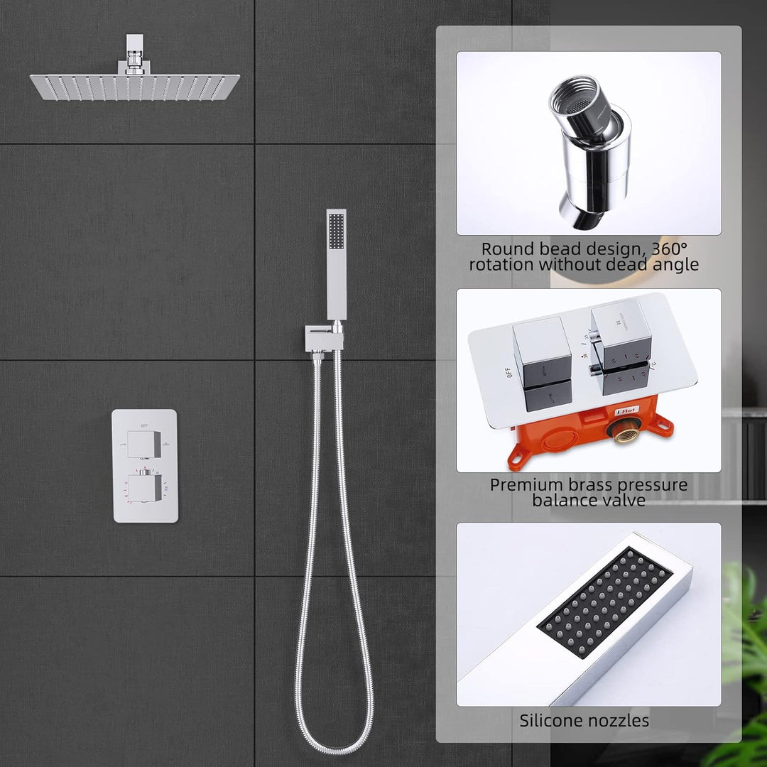 HOMELODY Regendusche Duschsystem mit Thermostat Unterputz Duscharmatur Eckig, Duschamaturenset Chrom