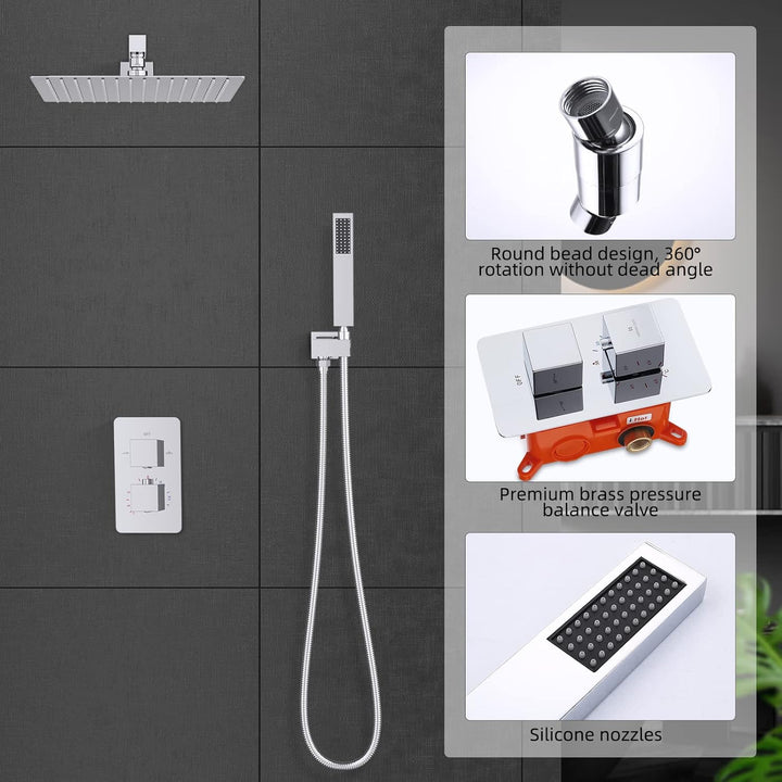 HOMELODY Regendusche Duschsystem mit Thermostat Unterputz Duscharmatur Eckig, Duschamaturenset Chrom