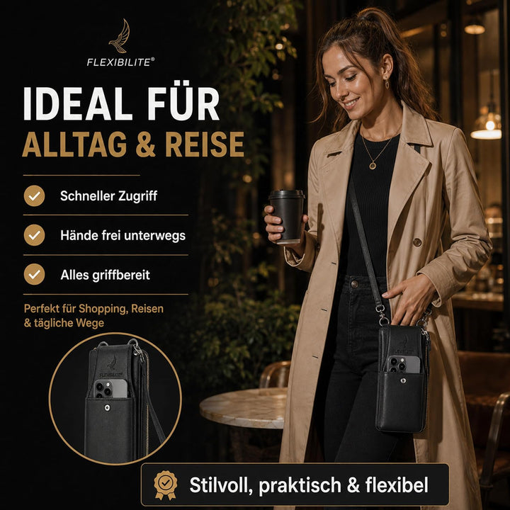 FLEXIBILITE® Handytasche zum Umhängen aus echtem Leder I EXTRA leicht 220 g mit RFID I Handy Portemo