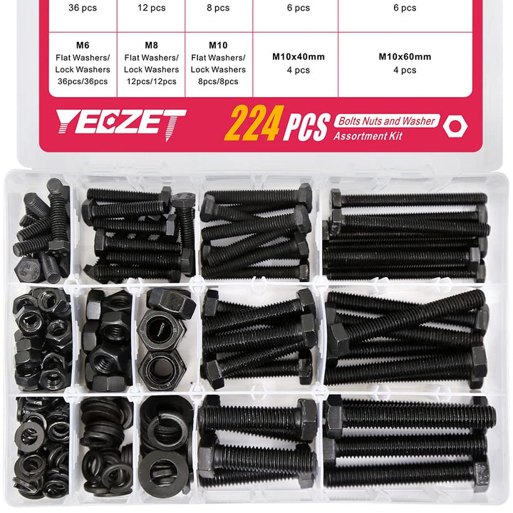 YEEZET 224 Pcs M6 M8 M10 Schrauben Sechskantschrauben Unterlegscheiben Federringe und Muttern Sortim
