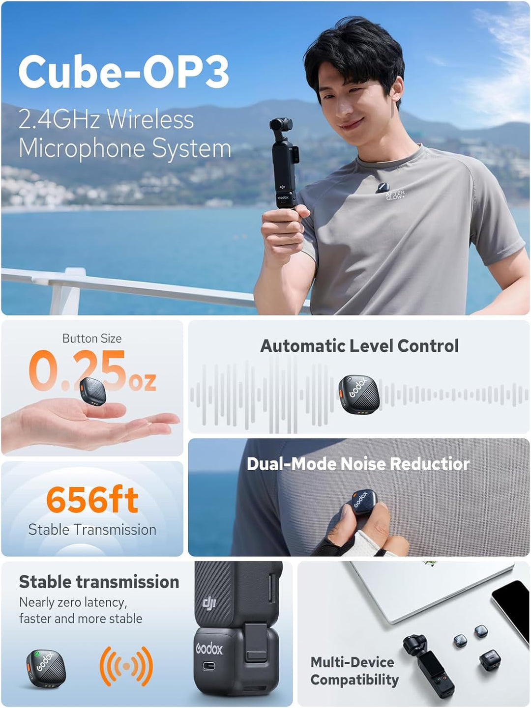 Godox Cube-OP3 Wireless Mikrofon Kit1 für DJI Pocket 3, ultraleichtes Design, 200m (656ft.) Übertrag