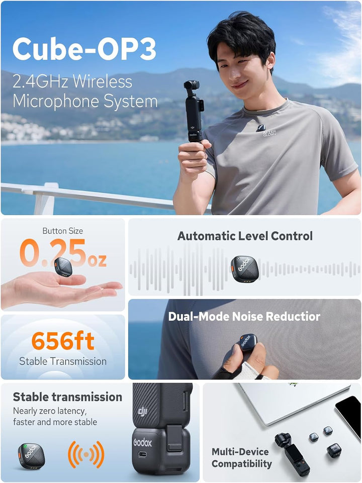 Godox Cube-OP3 Wireless Mikrofon Kit1 für DJI Pocket 3, ultraleichtes Design, 200m (656ft.) Übertrag