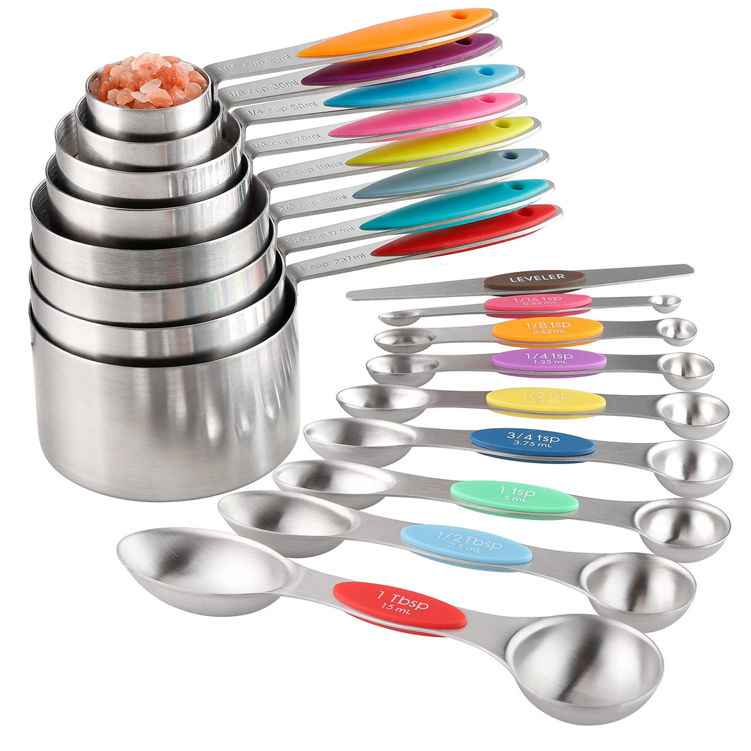 Messbecher und Löffel Set aus Edelstahl inkl. 8 stapelbaren Messbechern, 8 doppelseitige magnetische