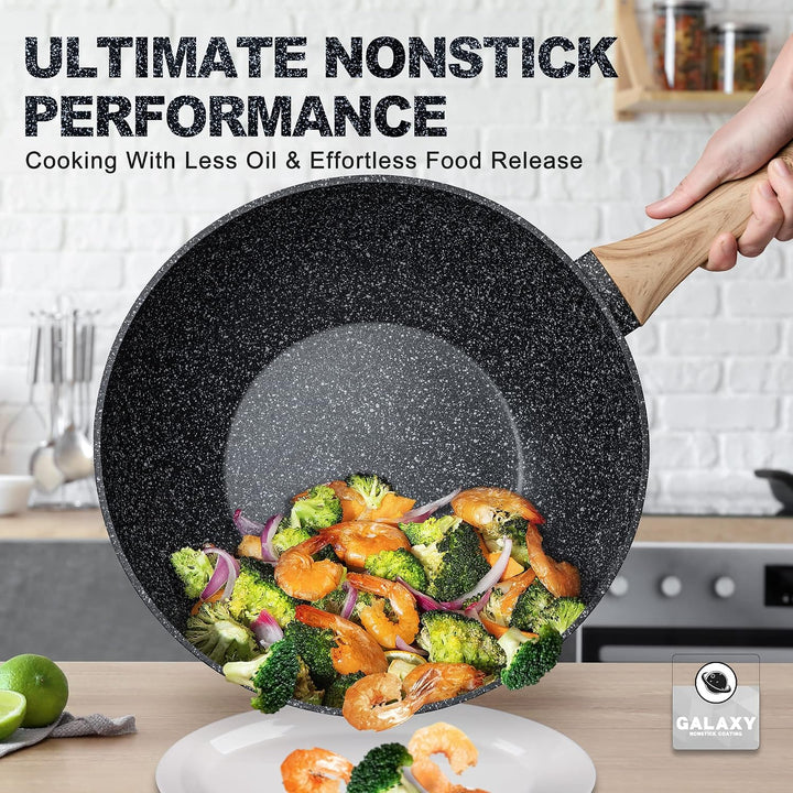 MICHELANGELO Induktion Wokpfanne 28cm mit Deckel, Wok mit Deckel 28cm, Spülmaschinenfest Antihaft Wo